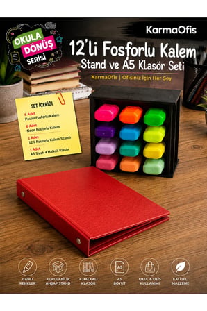12’li Fosforlu Kalem Standı ve A5 4 Halkalı Kırmızı Klasör Seti | 6 Pastel + 6 Neon Kalem