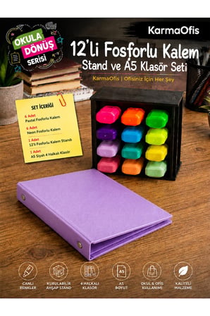 12’li Fosforlu Kalem Standı ve A5 4 Halkalı Lila Klasör Seti | 6 Pastel + 6 Neon Kalem