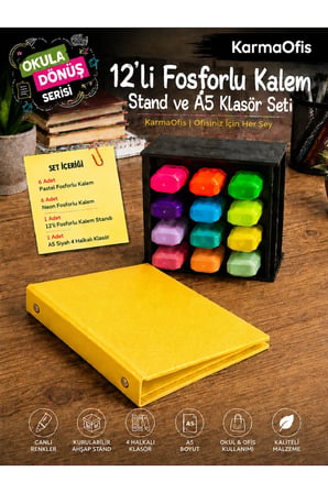 12’li Fosforlu Kalem Standı ve A5 4 Halkalı Sarı Klasör Seti | 6 Pastel + 6 Neon Kalem