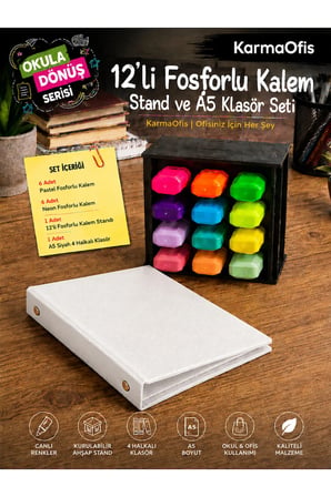 12’li Fosforlu Kalem Standı ve A5 4 Halkalı Beyaz Klasör Seti | 6 Pastel + 6 Neon Kalem
