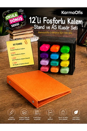 12’li Fosforlu Kalem Standı ve A5 4 Halkalı Turuncu Klasör Seti | 6 Pastel + 6 Neon Kalem