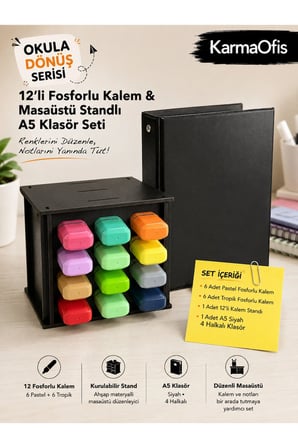 12’li Fosforlu Kalem Seti + Ahşap Masaüstü Stand + A5 4 Halkalı Siyah Klasör | | 6 Pastel + 6 Tropik Kalem