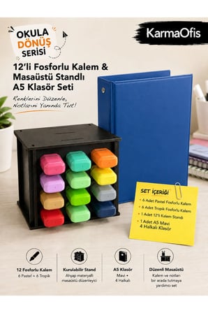 12’li Fosforlu Kalem Seti + Ahşap Masaüstü Stand + A5 4 Halkalı Mavi Klasör | | 6 Pastel + 6 Tropik Kalem