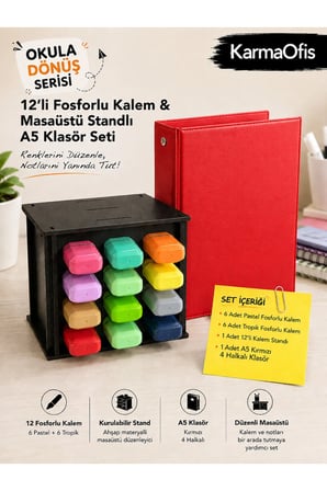 12’li Fosforlu Kalem Seti + Ahşap Masaüstü Stand + A5 4 Halkalı Kırmızı Klasör | | 6 Pastel + 6 Tropik Kalem