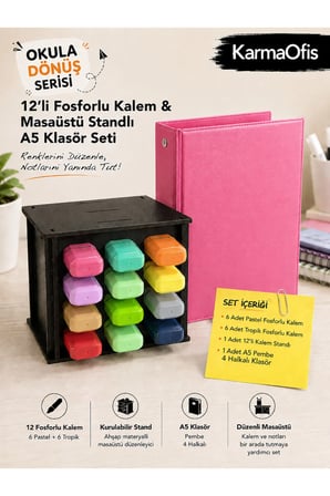 12’li Fosforlu Kalem Seti + Ahşap Masaüstü Stand + A5 4 Halkalı Pembe Klasör | | 6 Pastel + 6 Tropik Kalem