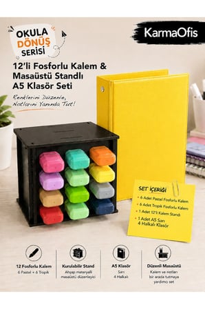 12’li Fosforlu Kalem Seti + Ahşap Masaüstü Stand + A5 4 Halkalı Sarı Klasör | | 6 Pastel + 6 Tropik Kalem