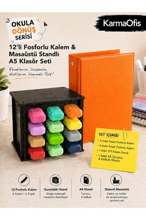 12’li Fosforlu Kalem Seti + Ahşap Masaüstü Stand + A5 4 Halkalı Turuncu Klasör | | 6 Pastel + 6 Tropik Kalem
