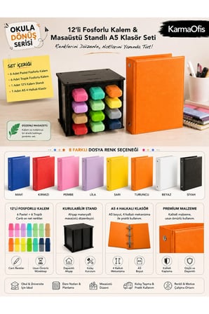 12’li Fosforlu Kalem Seti + Ahşap Masaüstü Stand + A5 4 Halkalı Turuncu Klasör | | 6 Pastel + 6 Tropik Kalem
