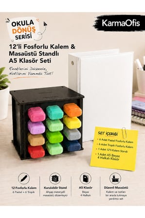 12’li Fosforlu Kalem Seti + Ahşap Masaüstü Stand + A5 4 Halkalı Beyaz Klasör | | 6 Pastel + 6 Tropik Kalem