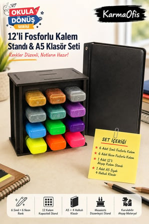 12'li Fosforlu Kalem Standı ve A5 4 Halkalı Siyah Klasör Seti | 6 Simli + 6 Neon Fosforlu Kalem, Ahşap Masaüstü Stand
