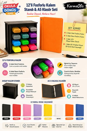 12'li Fosforlu Kalem Standı ve A5 4 Halkalı Siyah Klasör Seti | 6 Simli + 6 Neon Fosforlu Kalem, Ahşap Masaüstü Stand