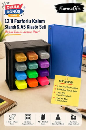 12'li Fosforlu Kalem Standı ve A5 4 Halkalı Mavi Klasör Seti | 6 Simli + 6 Neon Fosforlu Kalem, Ahşap Masaüstü Stand