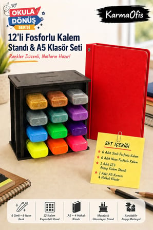 12'li Fosforlu Kalem Standı ve A5 4 Halkalı Kırmızı Klasör Seti | 6 Simli + 6 Neon Fosforlu Kalem, Ahşap Masaüstü Stand