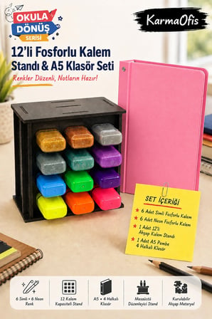 12'li Fosforlu Kalem Standı ve A5 4 Halkalı Pembe Klasör Seti | 6 Simli + 6 Neon Fosforlu Kalem, Ahşap Masaüstü Stand