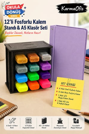 12'li Fosforlu Kalem Standı ve A5 4 Halkalı Lila Klasör Seti | 6 Simli + 6 Neon Fosforlu Kalem, Ahşap Masaüstü Stand