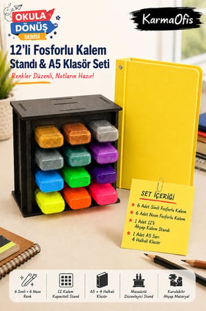 12'li Fosforlu Kalem Standı ve A5 4 Halkalı Sarı Klasör Seti | 6 Simli + 6 Neon Fosforlu Kalem, Ahşap Masaüstü Stand