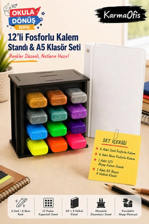 12'li Fosforlu Kalem Standı ve A5 4 Halkalı Beyaz Klasör Seti | 6 Simli + 6 Neon Fosforlu Kalem, Ahşap Masaüstü Stand