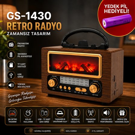 Zamanı Durduran GS-1430 Şömine Efektli Retro Radyo(Yedek pil hediyeli)