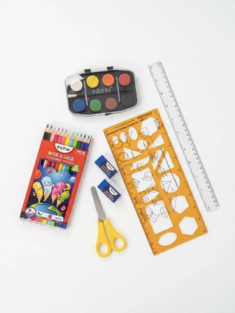 6 Parça Okul Kırtasiye Seti - 12'li Sulu Boya, 12'li Kuru Kalem, Makas, Silgi, 30 cm Şeffaf Cetvel & Geometrik Şablon Cetvel Seti