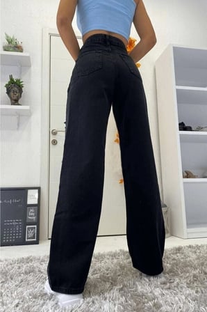 Çnr Kadın Yüksek Bel Siyah Salaş Jeans Likralı Esnek Kot Pantolon Yeni Hsn-6