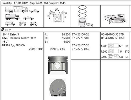 Ford Motor Piston Segman (0,50 Farklı) / (76,51mm) Fiesta Fusıon 1,4 Zetec S 16v Zh14 02>11 - Yenmak 36-04953-050