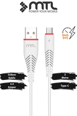 3.4A USB to Type-C 2 Metre Hızlı Şarj ve Veri Aktarım Kablosu MT2022