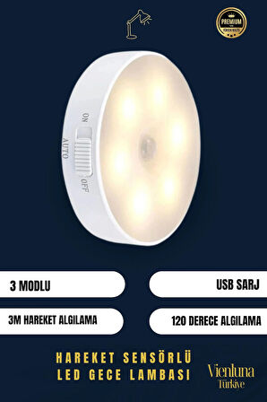 Premium Üretim 3 Mod Beyaz Işık Hareket Sensörlü 8 Ledli Usb Pratik Şarjlı Gece Lambası