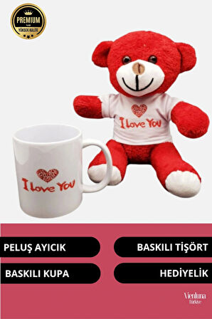 Premium Sevgililer Doğum Günü Özel Kaliteli Romantik I Love You Baskılı Kupa Kırmızı Ayıcık Seti