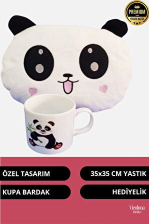 Özel Tasarım Sevgililer Doğum Günü Manita Sevgili Baskılı Kupa Bardak Hediyeli Peluş Panda Yastık