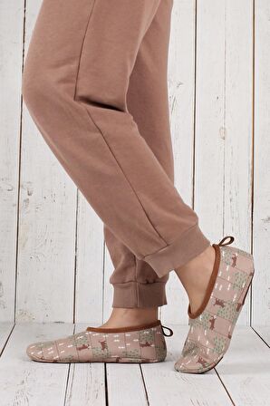 Kışlık Ev Patiği PTK-781 Kahve Baskılı Büyük Beden