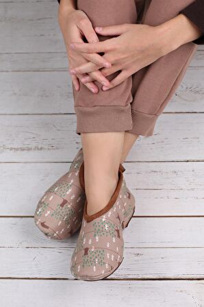 Kışlık Ev Patiği PTK-782 Kahve Baskılı Küçük Beden