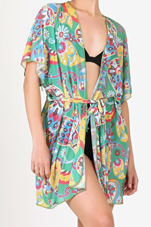 Pareo PlaJ Elbisesi Kimono Std Şal Desen Yesil