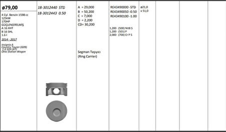 Opel Motor Piston+segmanı ( Riken )  79,00+0,50mm Cap İnsignia A Country Tourer (g09) 1.6 Sidi (47) Otto - Kingpiston 18-3012443