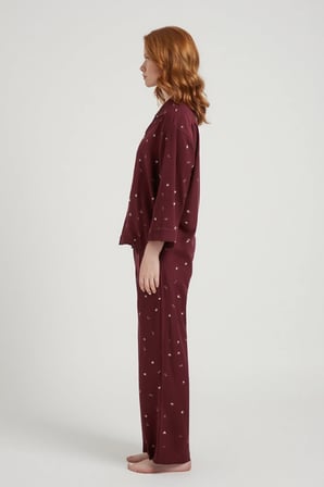 Laperissa Kadın Pijama Takımı Bordo Viskon Dokuma Çiçek Desenli Kurdele Fiyonklu Gömlek Yaka Uzun Kollu Pijama Alt Üst Takım Beden 42