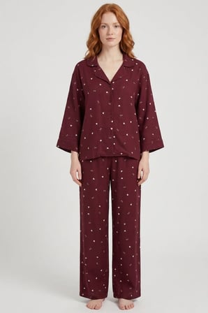 Laperissa Kadın Pijama Takımı Bordo Viskon Dokuma Gömlek Yaka Çiçek Desenli Alt Üst 40 Beden