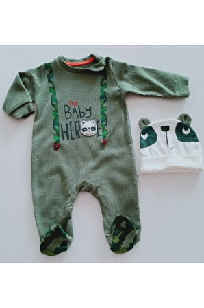 Erkek Bebek Yeşil Hero Tulum Şapkalı