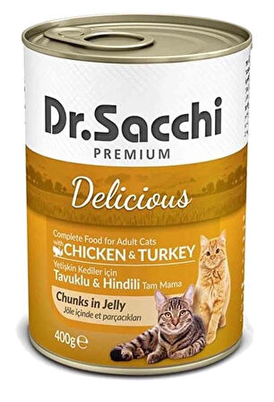 DR. SACCHI TAVUKLU VE HİNDİLİ YETİŞKİN KEDİ KONSERVESİ 400 GR X 12 ADET