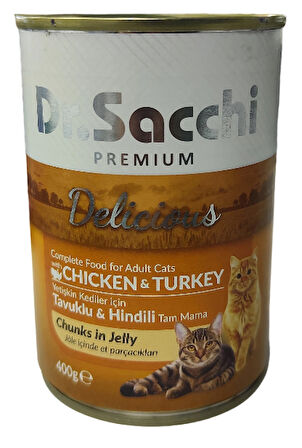 DR. SACCHI TAVUKLU VE HİNDİLİ YETİŞKİN KEDİ KONSERVESİ 400 GR X 12 ADET