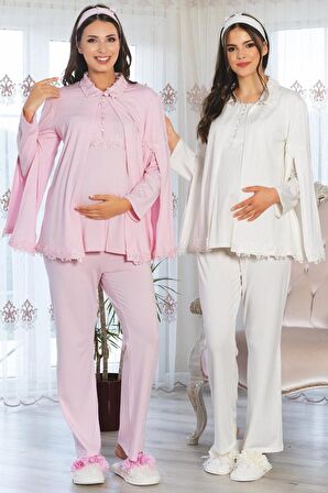 MECİT 5104 PELERİNLİ HAMİLE LOHUSA 3 LÜ PİJAMA SABAHLIK TAKIM