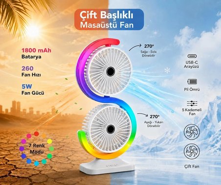 Çift Başlıklı RGB Fan Masaüstü Vantilatör 1800mAh Şarjlı USB-C Fırçasız Motorlu 5 Kademeli Sessiz Mini Soğutucu Fan