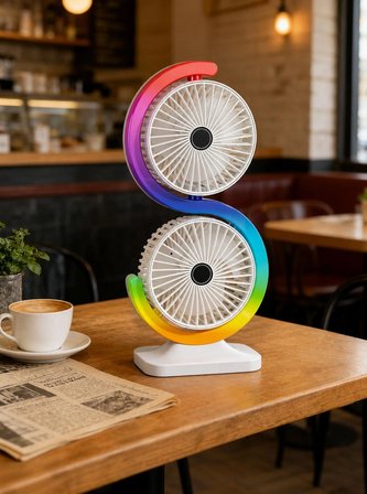 Çift Başlıklı RGB Fan Masaüstü Vantilatör 1800mAh Şarjlı USB-C Fırçasız Motorlu 5 Kademeli Sessiz Mini Soğutucu Fan