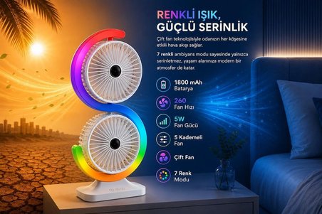 Çift Başlıklı RGB Fan Masaüstü Vantilatör 1800mAh Şarjlı USB-C Fırçasız Motorlu 5 Kademeli Sessiz Mini Soğutucu Fan