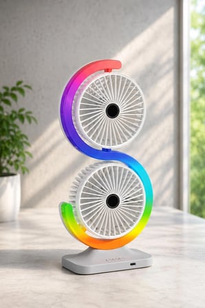 Çift Başlıklı RGB Fan Masaüstü Vantilatör 1800mAh Şarjlı USB-C Fırçasız Motorlu 5 Kademeli Sessiz Mini Soğutucu Fan