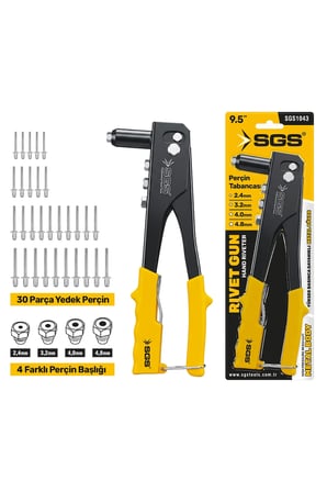 SGS 1043 Profesyonel Perçin Tabancası Seti 9.5" 4 Farklı Başlık ve 30 Yedek Perçin