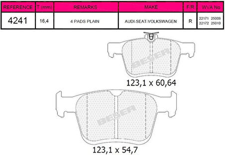 Vag Arka Fren Balatası Golf VII A3 1,2 / 1,4tfsi 1,6 / 2,0tdi 12> - Beser 4241