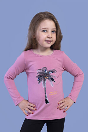 Toontoy Kız Çocuk Palmiye Baskılı Pul İşlemeli Tişört