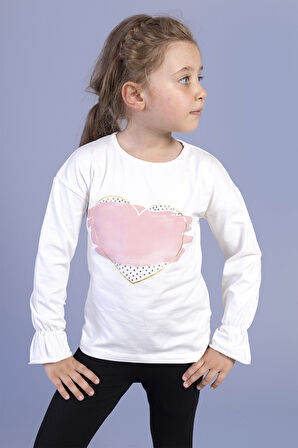 Toontoy Kız Çocuk Kol Ucu Lastikli Taş İşlemeli Baskılı Tişört