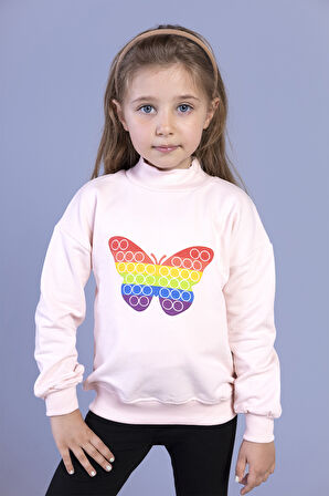Toontoy Kız Çocuk Pamuklu Balıkçı Yaka Popıt Desenli Sweatshirt