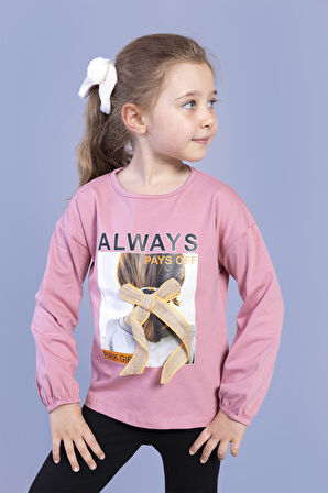 Toontoy Kız Çocuk Baskılı Kol Ucu Lastikli Tişört