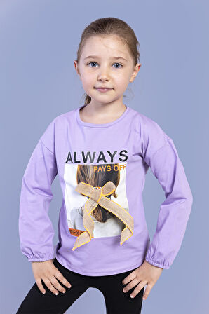 Toontoy Kız Çocuk Baskılı Kol Ucu Lastikli Tişört